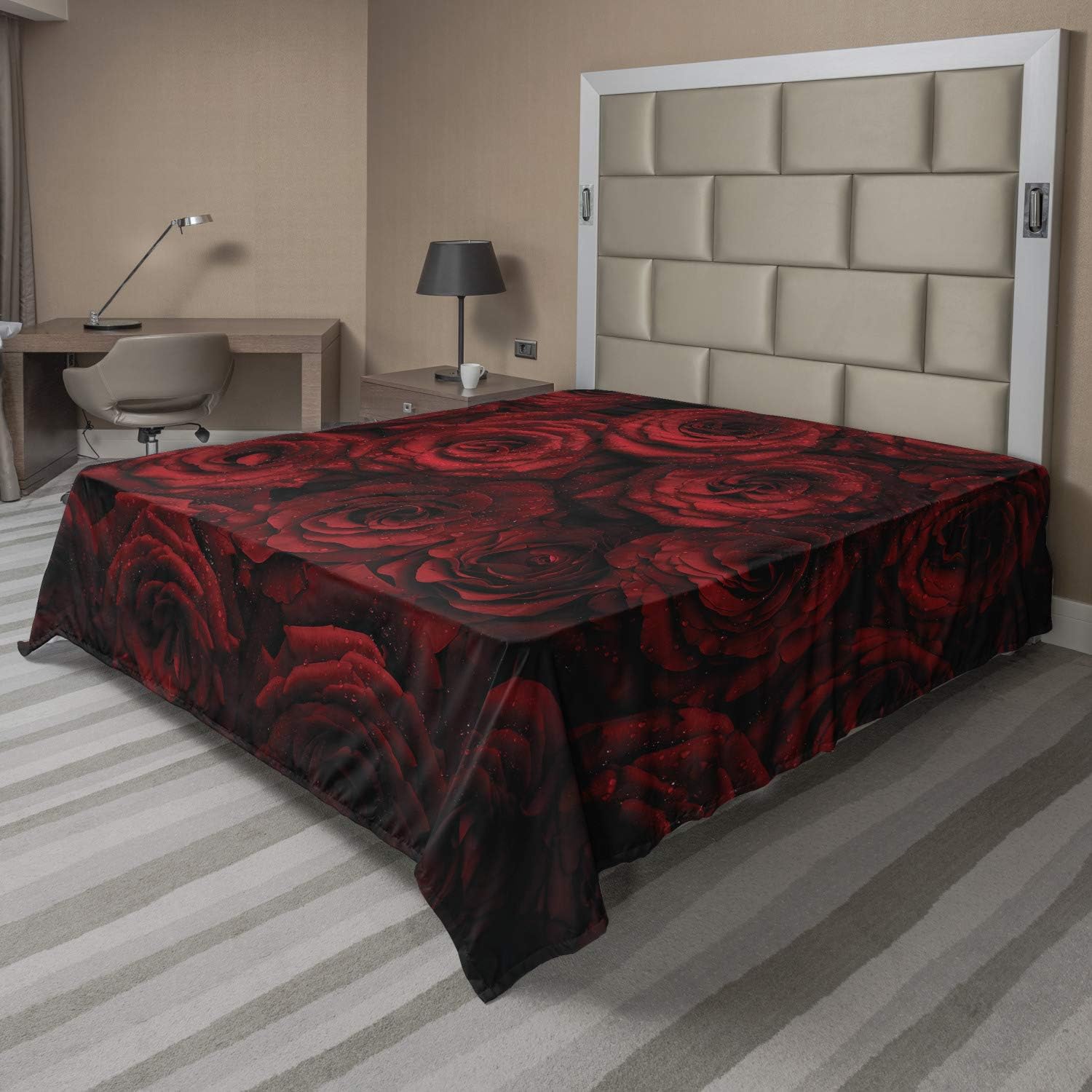 Ambesonne Dark Red Flat Sheet, Roses Drops of Water Blooming Bouquet of Love and Passion Image, Soft Comfortable Top Sheet Decorative Bedding 1 Piece, Queen Size, Black Red