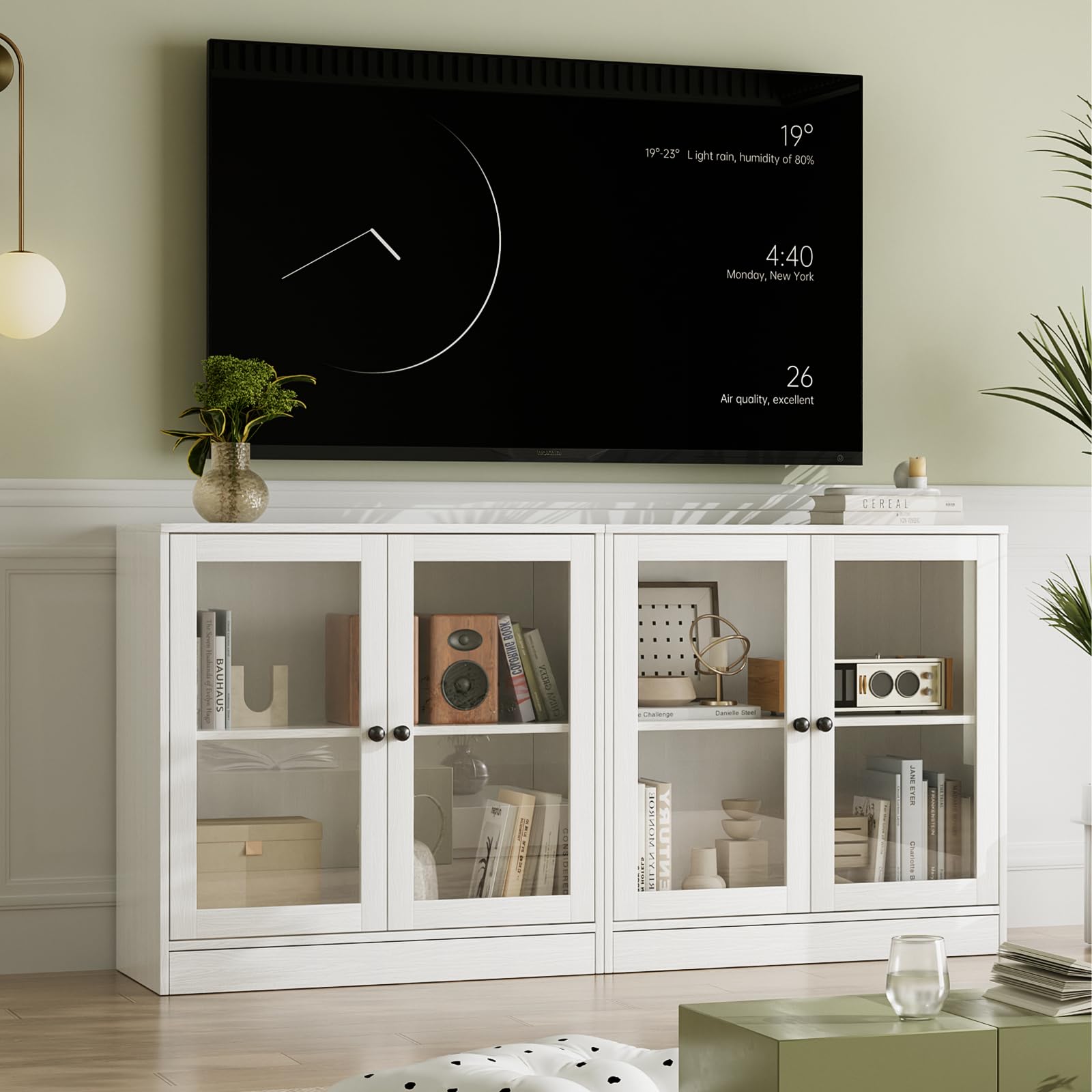 VOWNER Grande Mobile TV Soggiorno 180 cm per TV fino a 70 Pollici，Centro di Intrattenimento con Scaffali, Libreria Combinabile per Soggiorno, 2B+2D (Bianco)