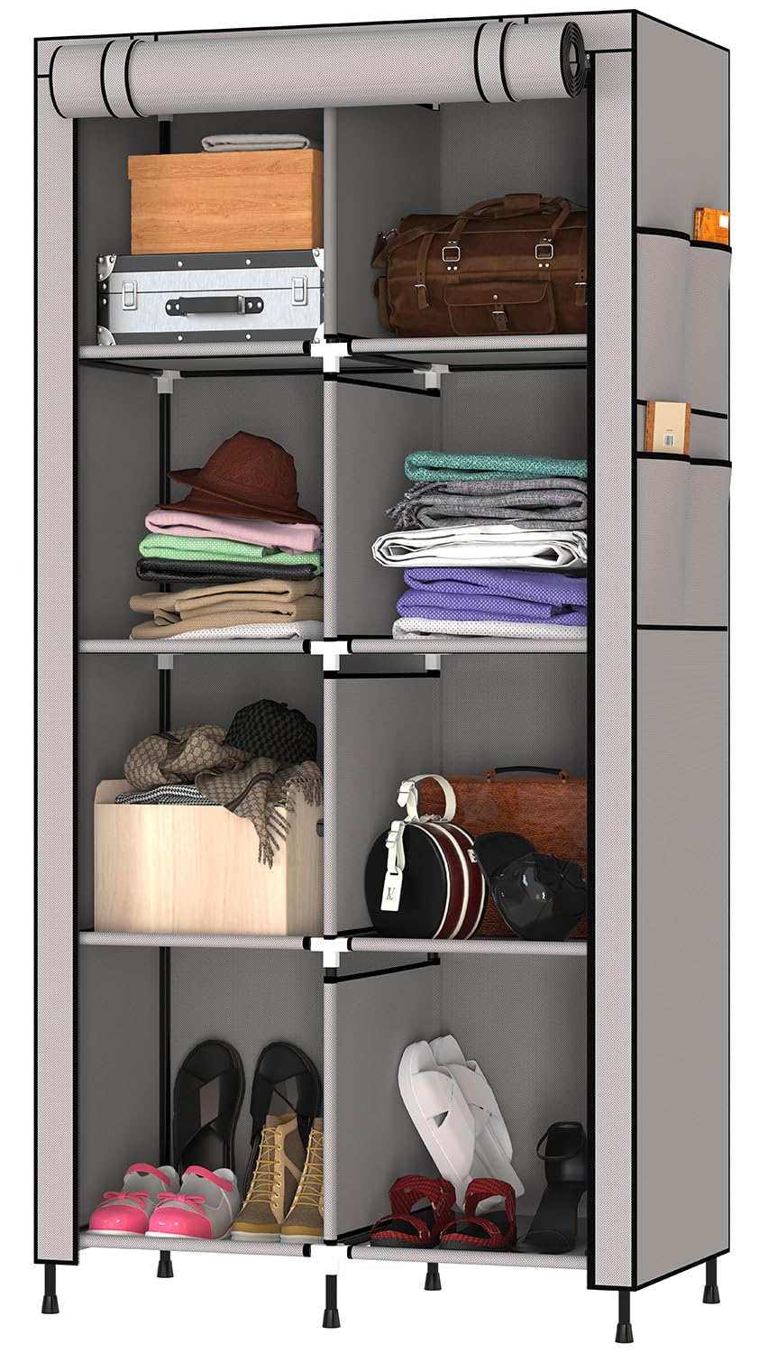 MY ARMOR 2-Door Foldable Wardrobe for Clothes, Multipurpose Cupboard for Storage, Collapsible Wardrobe Organizer for Clothes, Grey (ABS Plastic,Fabric Cabinet Rack) - 8 Shelfes Design