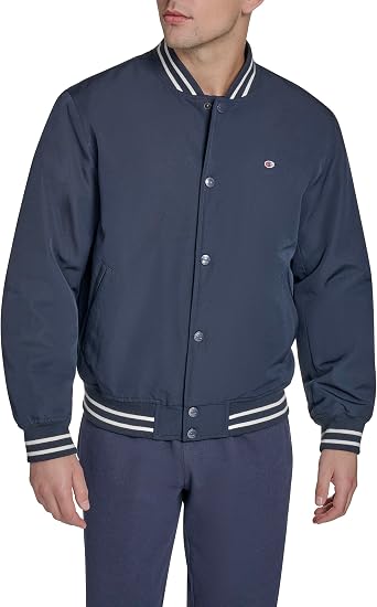 Champion Mens Logo Striped-trim Varsity Jacket