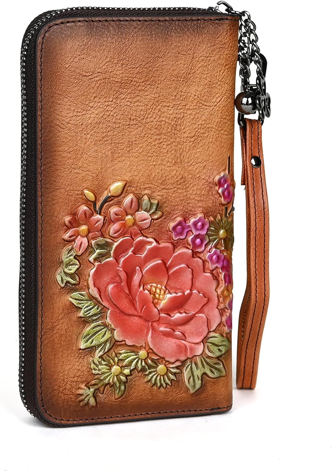 Embossing Purses for Women, Genuine Leather Long Wallet Vintage Floral Zipper Clutch Large Capacity (Brown) - Image 3