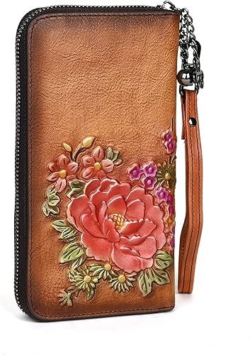 Miniatura 3 de Monederos en relieve para mujer, cartera larga de cuero genuino, estilo vintage, floral, con cremallera, embrague de gran capacidad, Marrón, Estilo