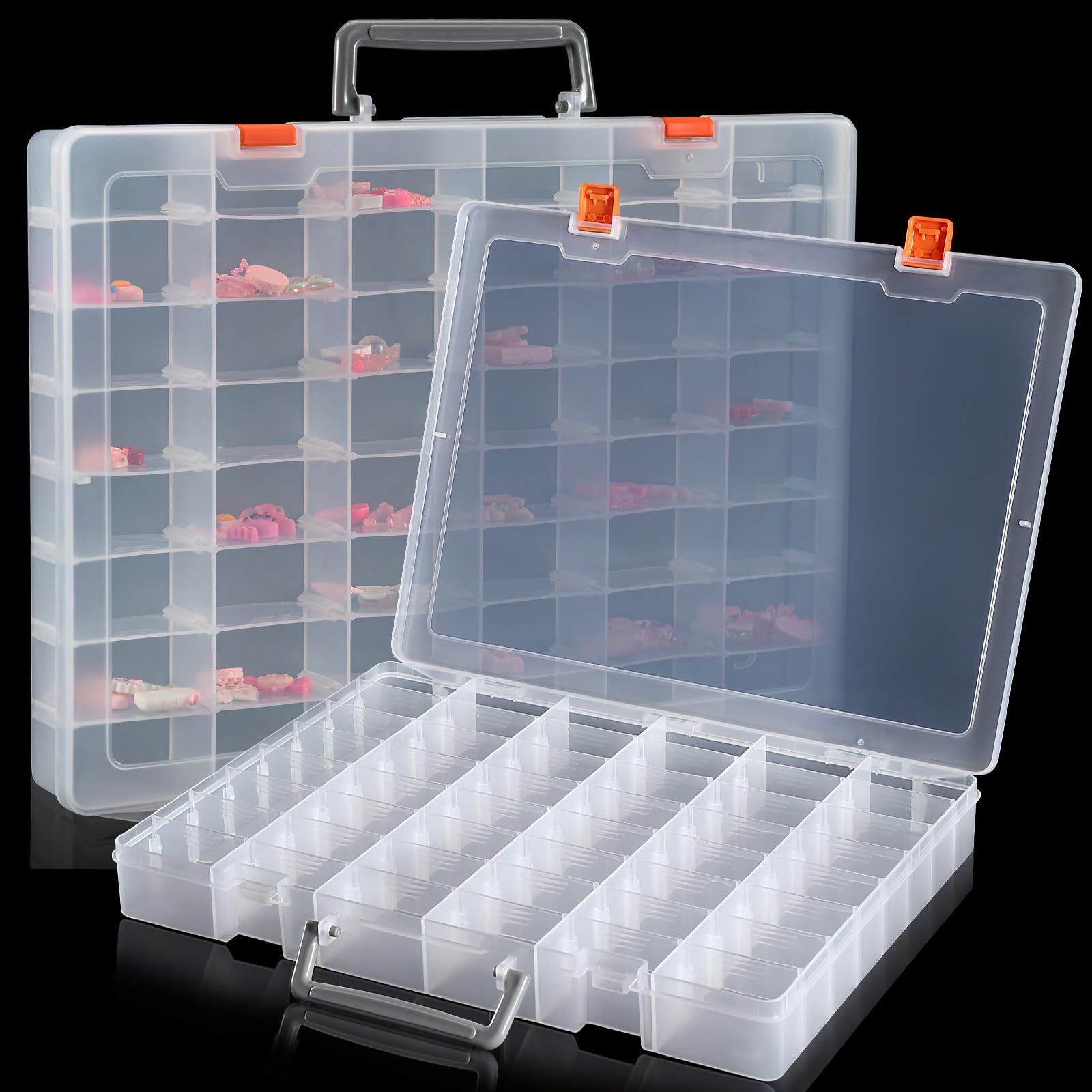 Udefineit Paquete de 2 cajas organizadoras grandes de plástico transparente de 48 rejillas con separadores ajustables, organizadores de cuentas, cajas de colección de rocas, contenedores de