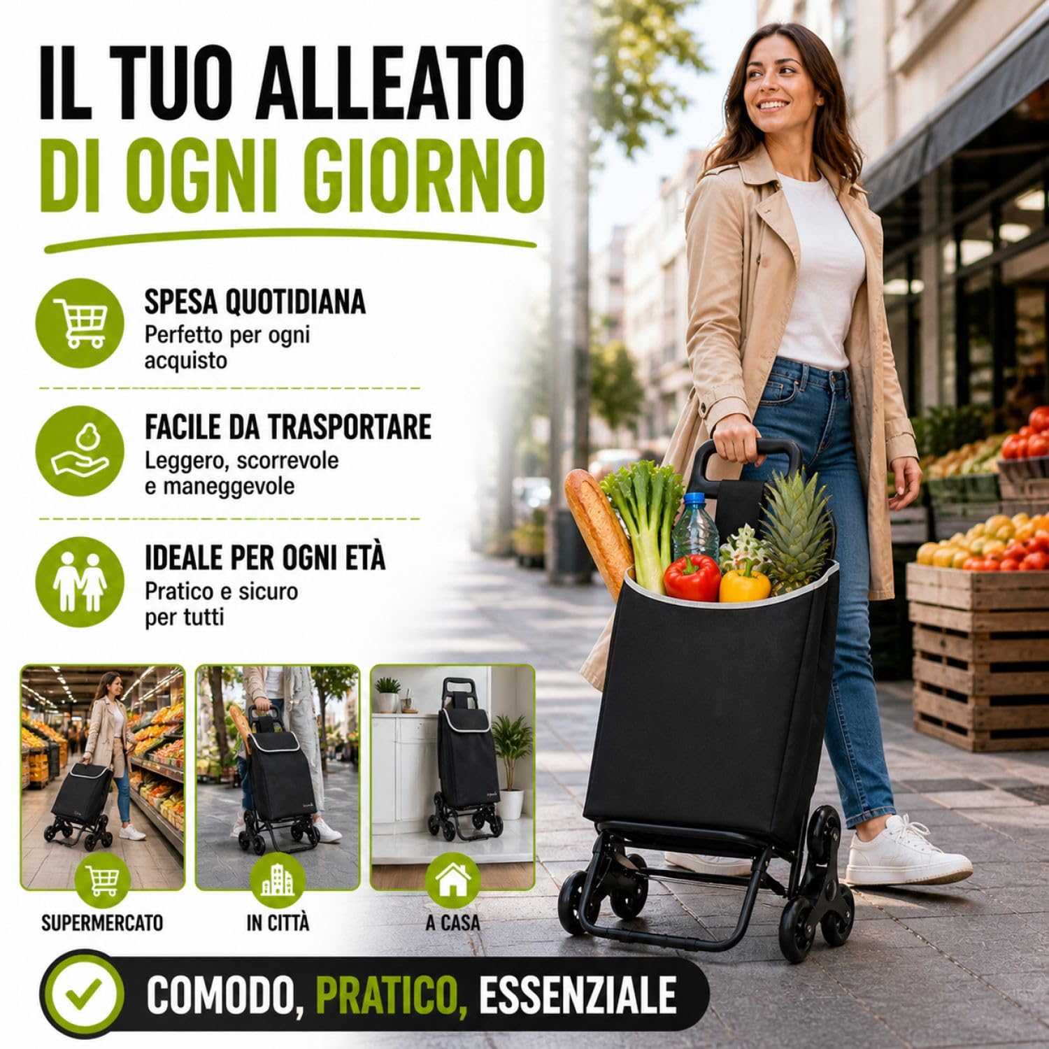 Leonardo Trolley per la Spesa con Tre Ruote Girevoli Saliscale, Portaspesa con Borsa Rimovibile