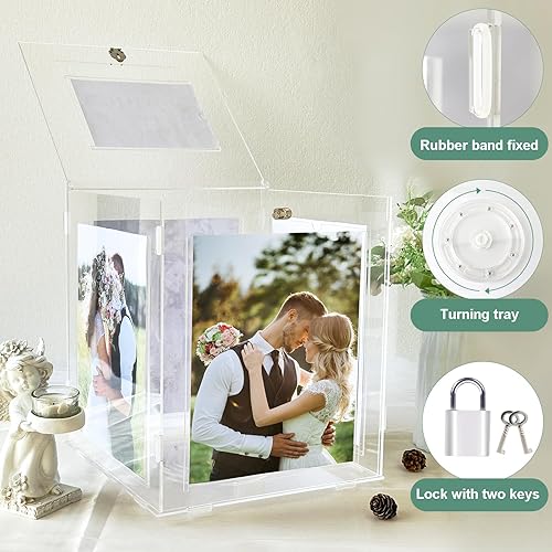 Miniatura 5 de OurWarm Caja de tarjetas de boda de acrílico con marco de fotos para fotos de 8 x 10 pulgadas, soporte grande giratorio para caja de regalo con