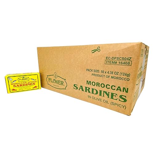 Flower Brand Sardinas especiadas (aceite de oliva) 4.38 onzas, capturadas en la naturaleza de Marruecos, alimentos ricos en proteínas, alimentos sin