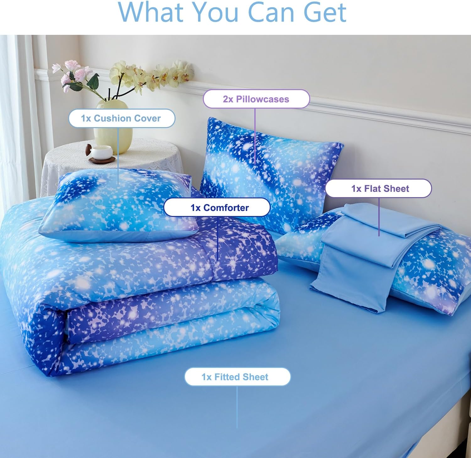 PERFEMET Blue Twin Comforter Set for Girls, 6 Pieces Twin Bed in A Bag, 3D Colorful Kids Bedding Comforter Set with Sheets, Tie Dye Ombre Fluffy Teen Girl Bed Set (Blue, Twin)