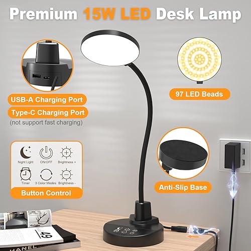 Miniatura 8 de Lámpara de escritorio LED de 15 W con puertos de carga USB, lámpara de mesa regulable con 3 temperaturas de color, 5 brillo, 4 temporizadores, luz