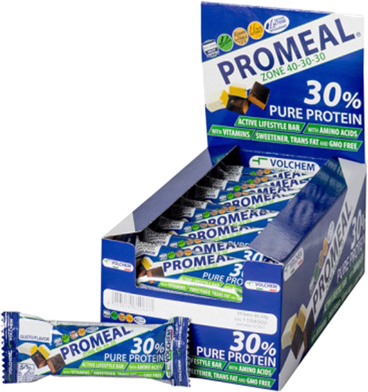 VOLCHEM PROMEAL ZONE 40-30-30 -TOP BORDER DIET - 24 bars of 50 gr Cocoa flavor