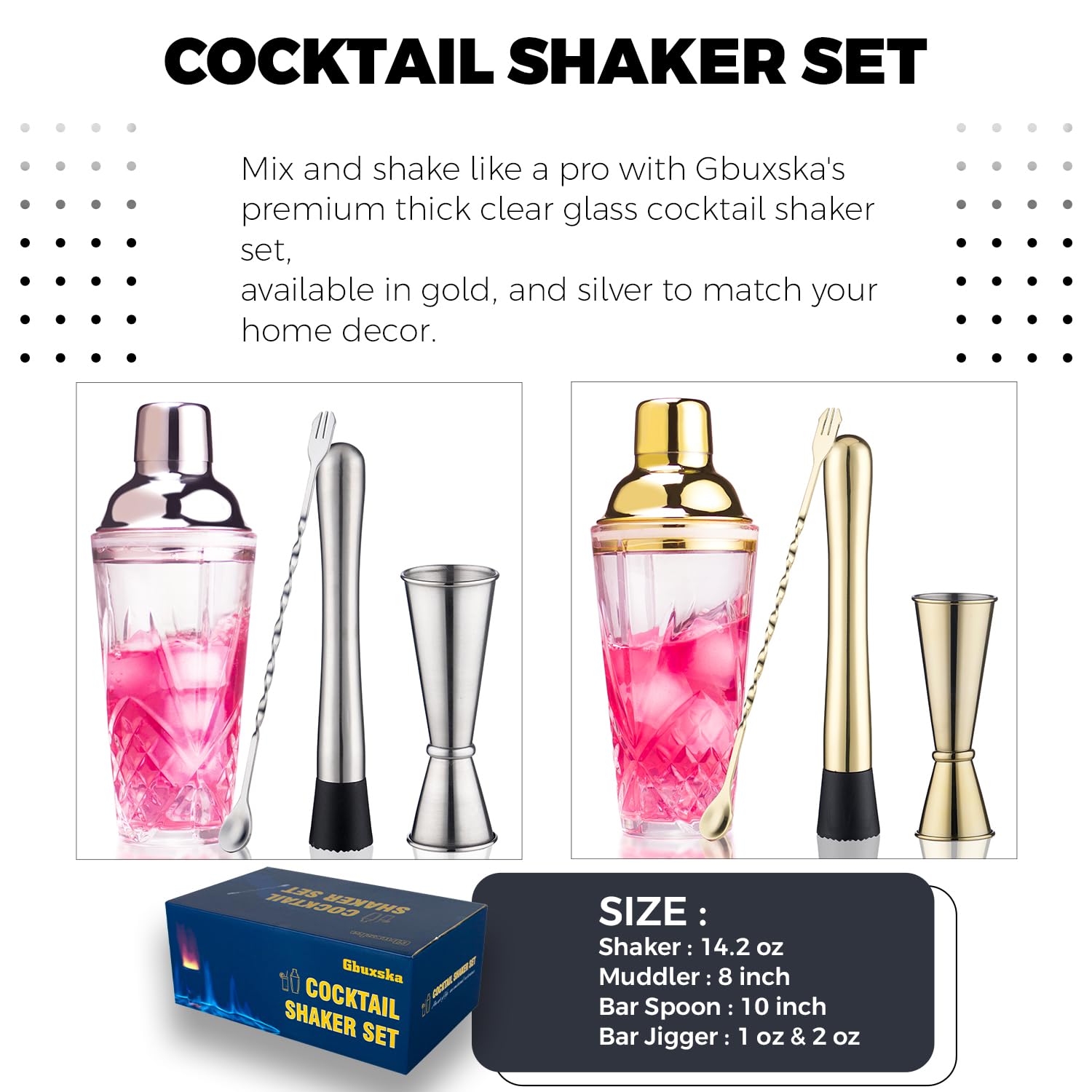 Set di shaker per cocktail, in vetro, set di shaker per cocktail, shaker per Martini con colino, per bar, whisky, cocktail (set argento)