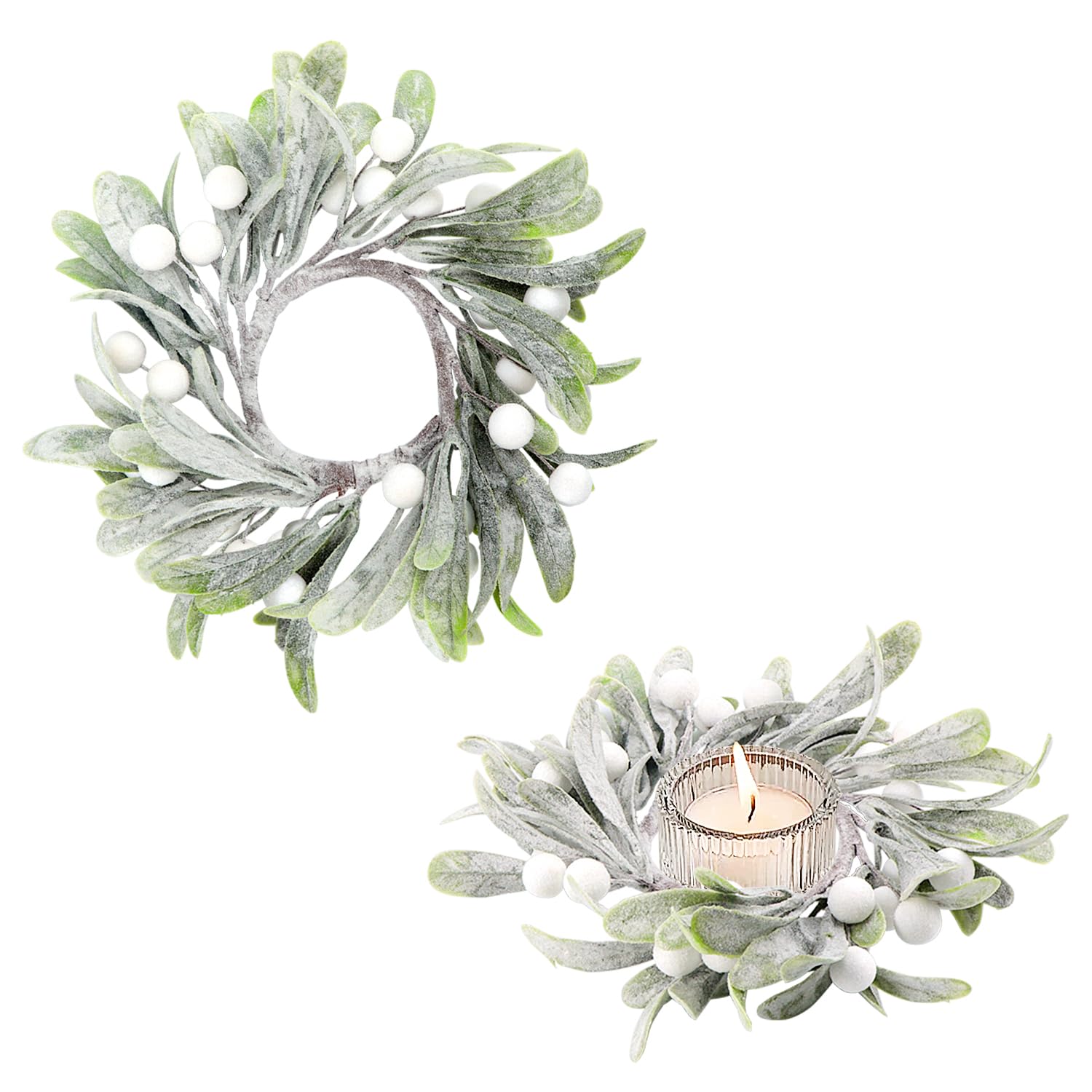 Photo 1 of 2 Pcs Candle Rings Wreaths, 6 Inch Artificial Mistletoe Wreaths with White Berry Frosted Lamb's Ear Mini Wreath Accents Candle Wreath for Holiday Winter Decorations Christmas Table Decor (White, 2)