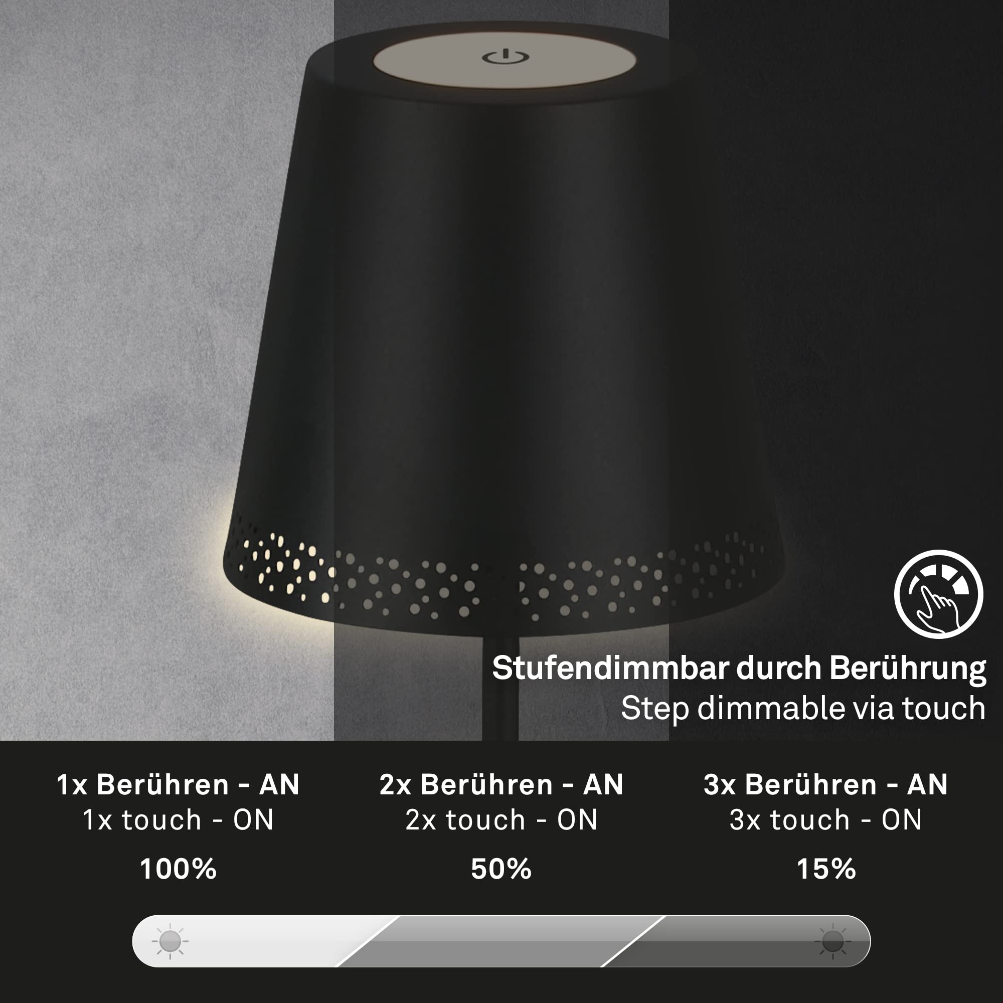 BRILONER – Akumulatorowa lampa stojąca LED 3 w 1, stopniowe ściemnianie, dotykowa, lampa stojąca LED, bezprzewodowa, czarna