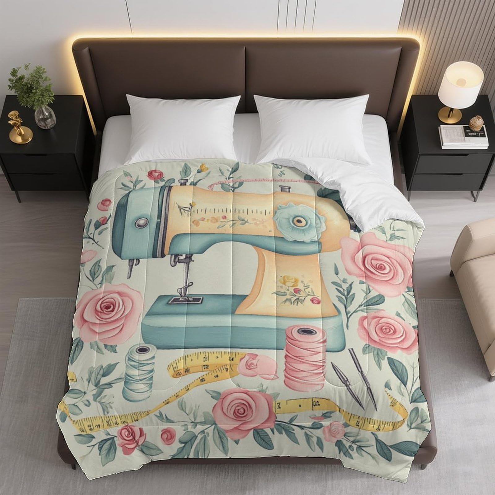 Floral Sewing Machine Comforter Bedding Heavy Bed Blanket Soft Warm Fluffy All Seasons Only Quilt 203x229cm