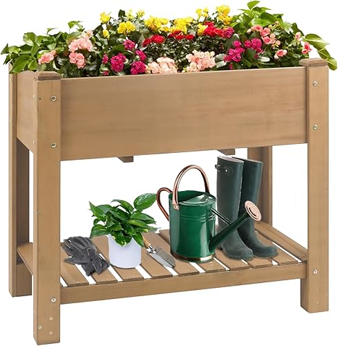 Miniatura 7 de Cama de jardín elevada para exteriores con ruedas con cerradura, maceta elevada de madera de 55 x 24 x 33 pulgadas para patio trasero, balcón,