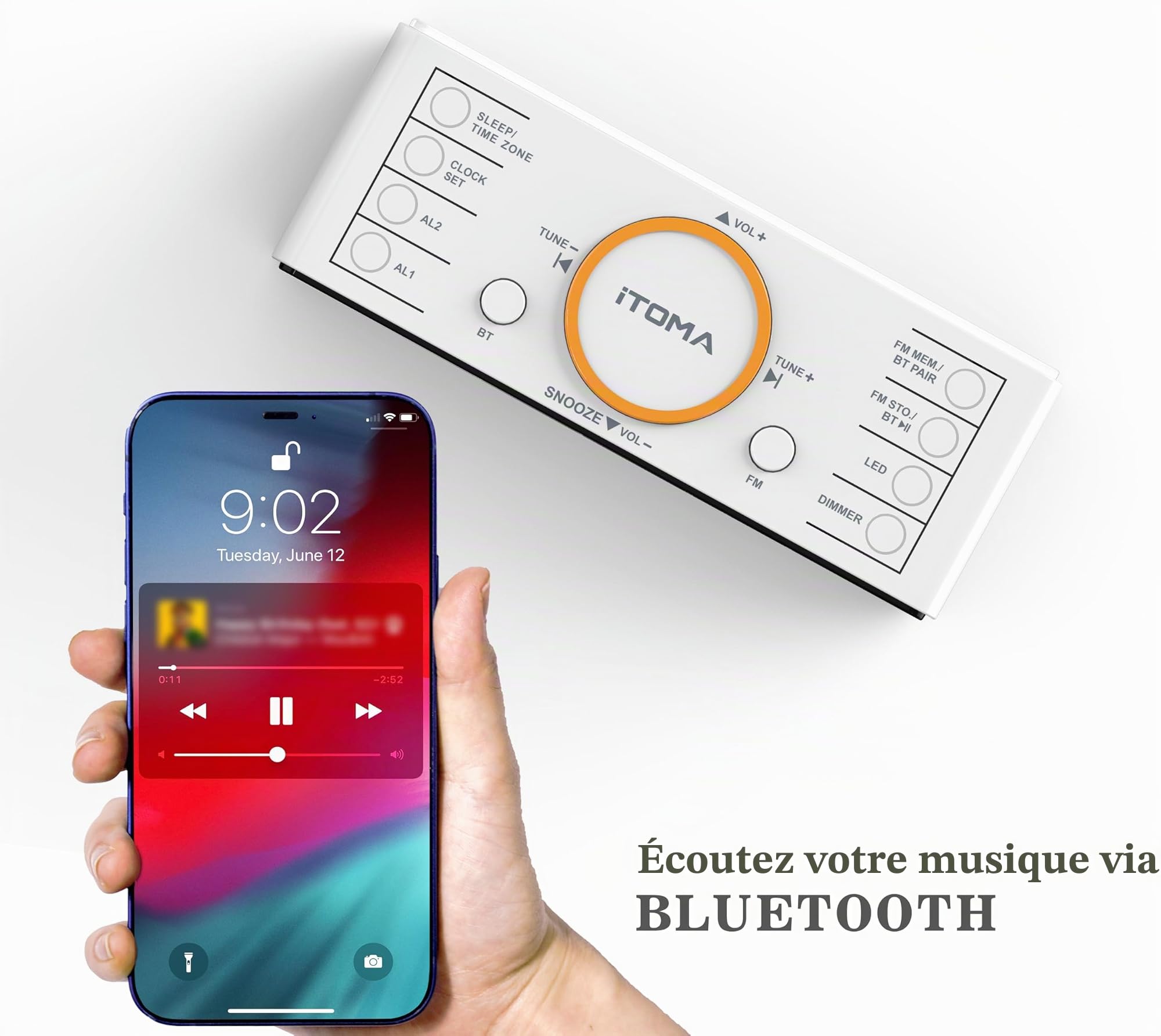 iTOMA Radio-réveil, Affichage LED Blanc 1,4" avec Bluetooth, FM Radio, Double Alarme, Minuterie de Mise en Veille, Répétition, Gradateur Automatique et Manuel, Chargeur USB et Veilleuse CKS718