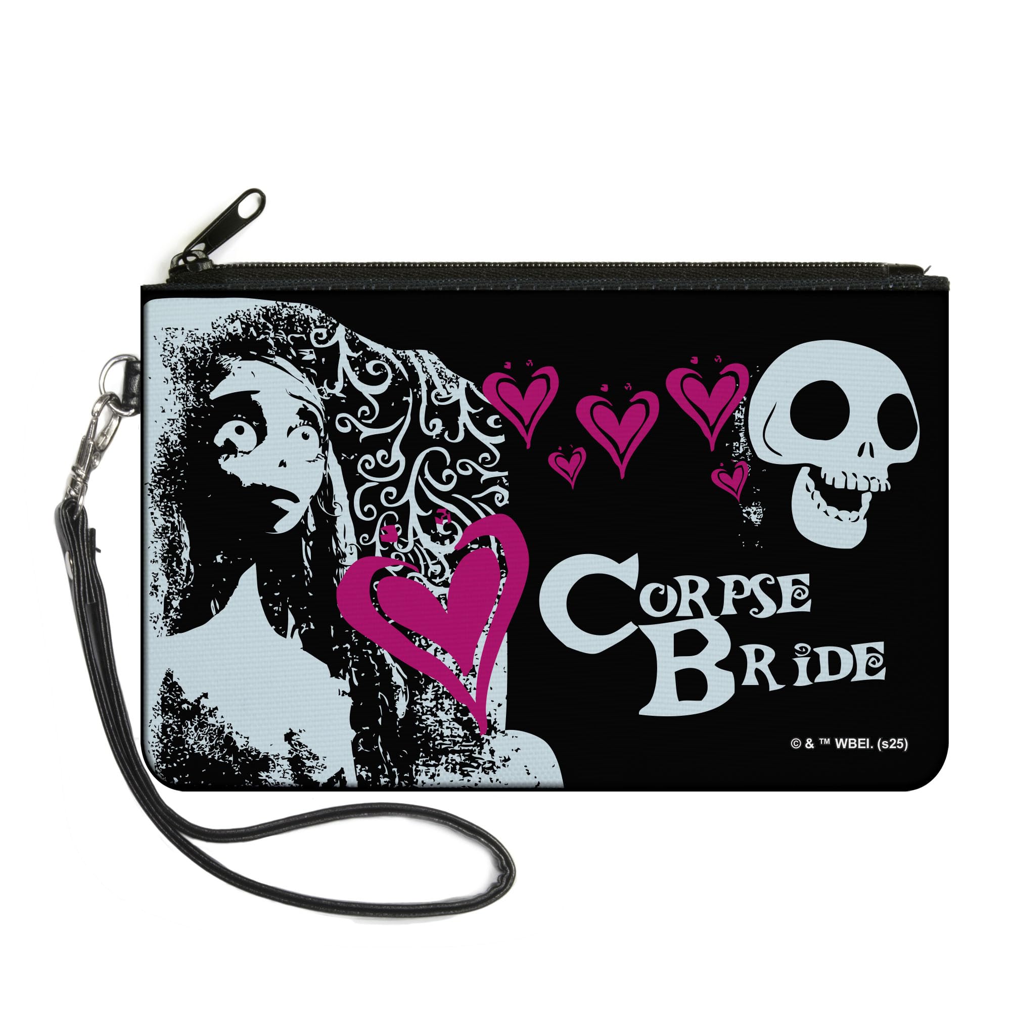 Buckle-Down The Corpse Bride Wallet, Zip Clutch, The Corpse Bride Emily Hearts and Skull Black White Pink, Canvas, LARGE, Casual