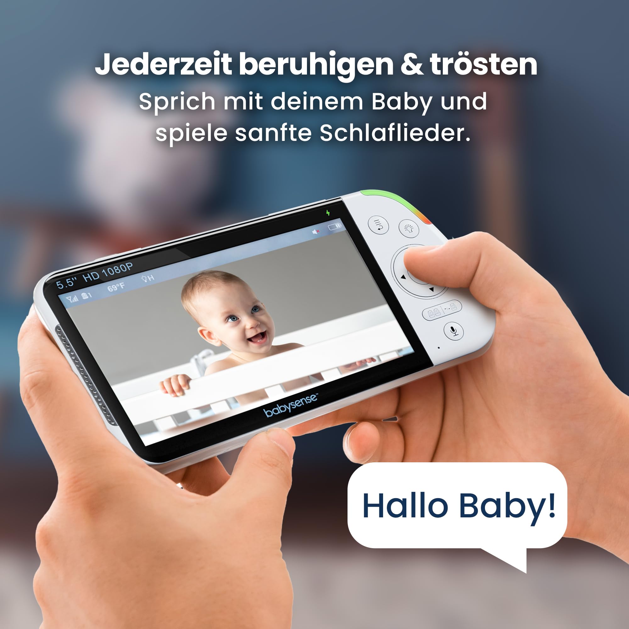 Babysense Full HD Split-Screen-Babyphone mit 2 Kameras, Nachtlicht in 6 Farben, Geräusch- & Lichtmaschine, 20-Stunden-Akku, abhörsichere Verbindung ohne WLAN