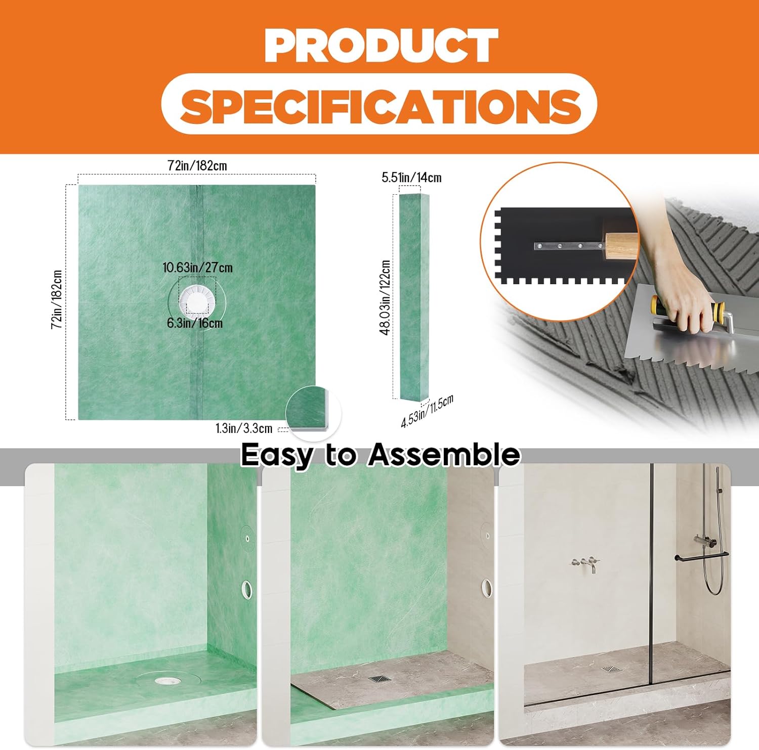 Jocisland Shower Curb Kit with Complete Shower Kit- Tray, Curb, Membrane, Seals, Bonding Flange, Corners, Trowel & Level, 72" x 72" Tray, Center Outlet Position
