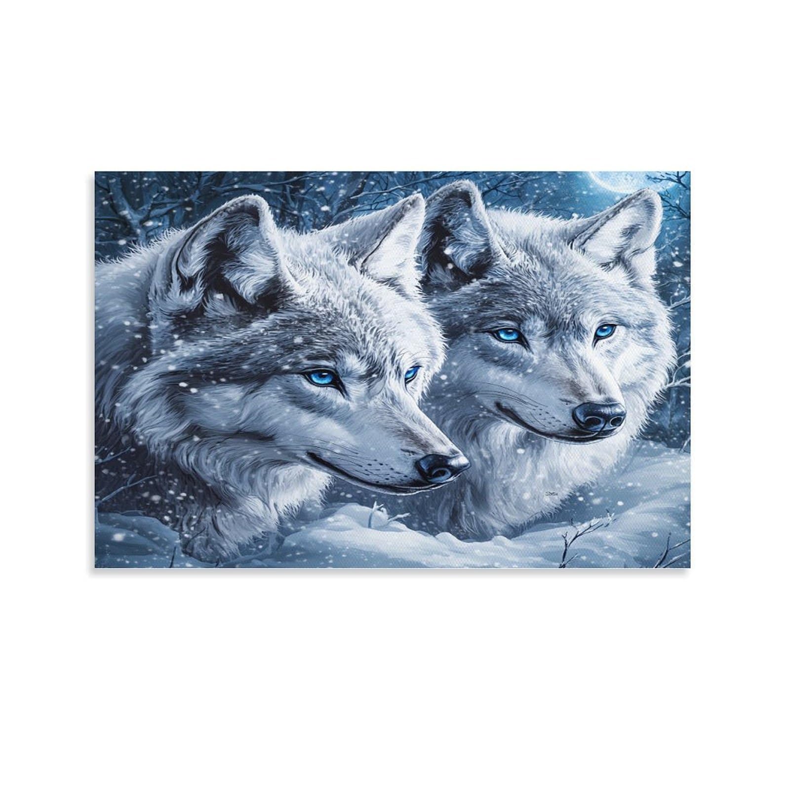 CPLVKWRQJ Snowy Wolf Pair Single Pair White Wolves Snowy Winter Woodland Canvas Wall Art - Gift for Her/Him Living Room Focal Point Ready to Hang Decor 24x36inch(60x90cm)