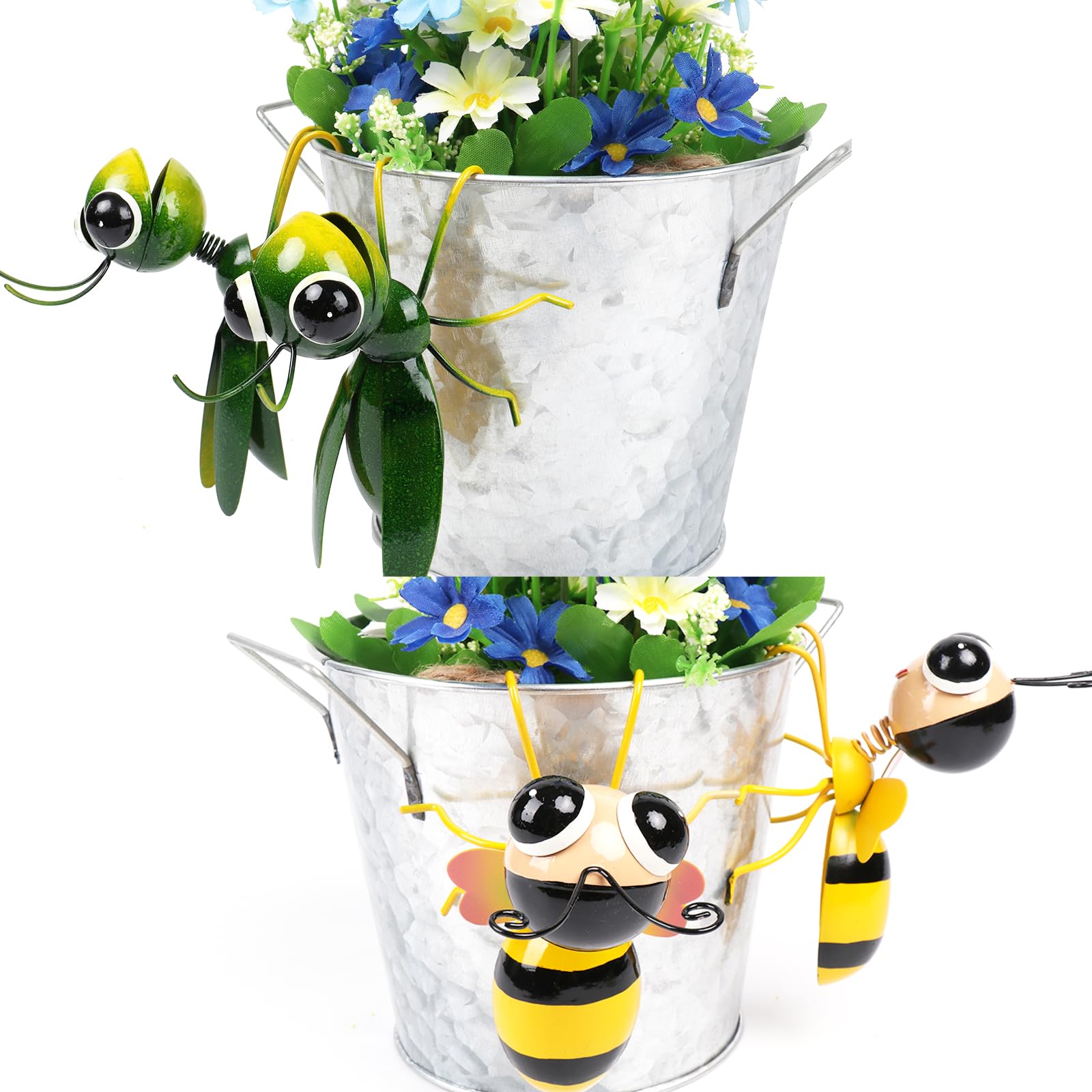 Cruis Cuka Metal Yard Art Garden Decor Cute Grasshopper & Bee Lawn Ornament Backyard Decorations ​Animal Hanging Flower Pot and Vase Hugger - Set of 4