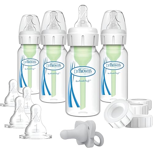 Dr. Brown's Anti-Colic Breast to Bottle Feeding Set with Slow Flow Nipples, Travel Caps, and Silicone Pacifier - Gray