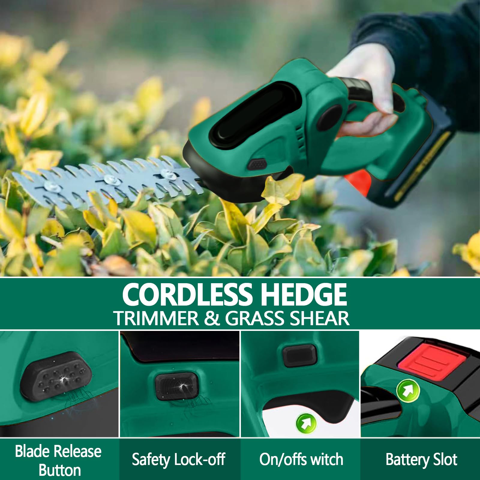 ROCKY&CHAO Taille-haie et cisaille à gazon sans fil 24 V 2 en 1 avec 2 batteries de 1500 mAh, lames SK5 de 12 cm/23 cm, cisaille à gazon pratique pour jardin et pelouse