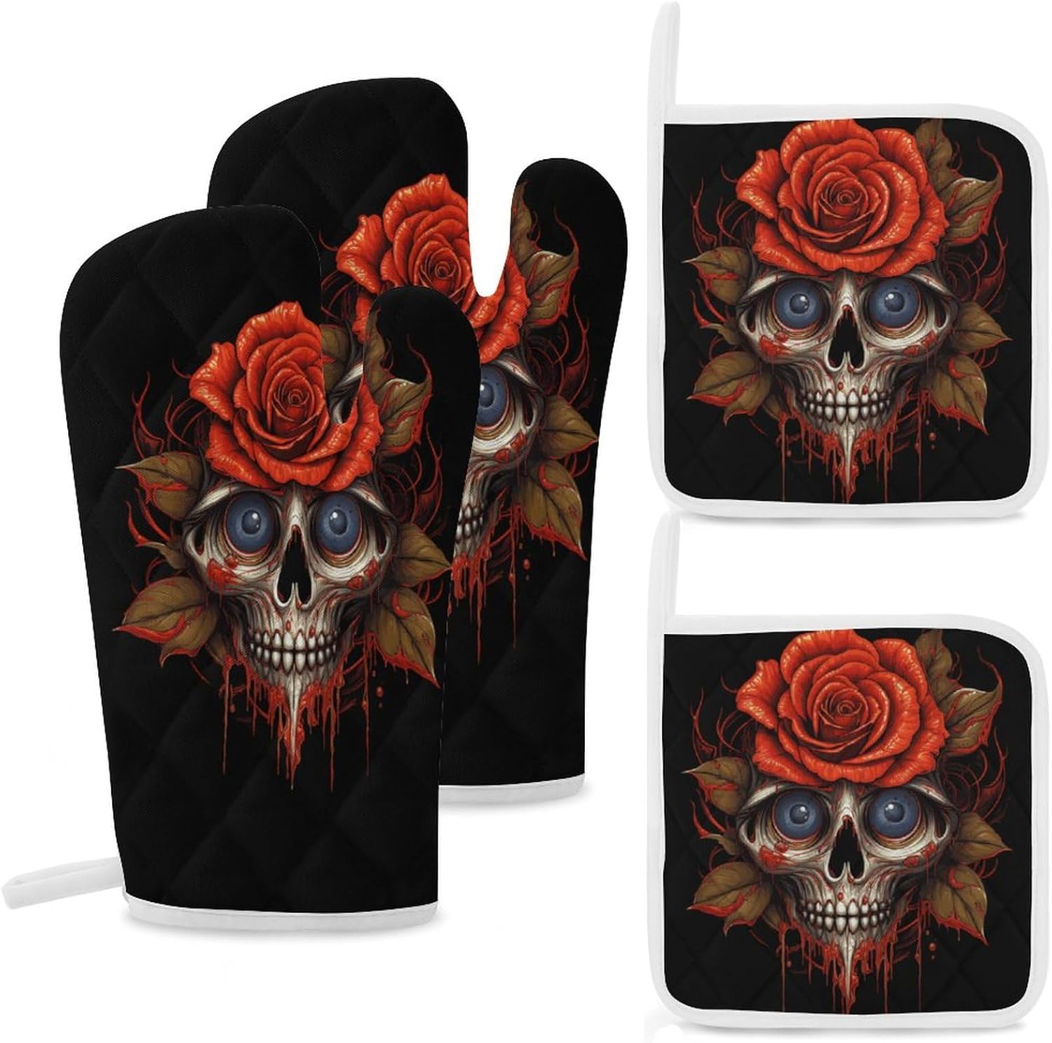 Skull Rose 4 Pcs Oven Mitts and Pot Holders Set High Heat Resistant Long Kitchen Oven Glove Potholders