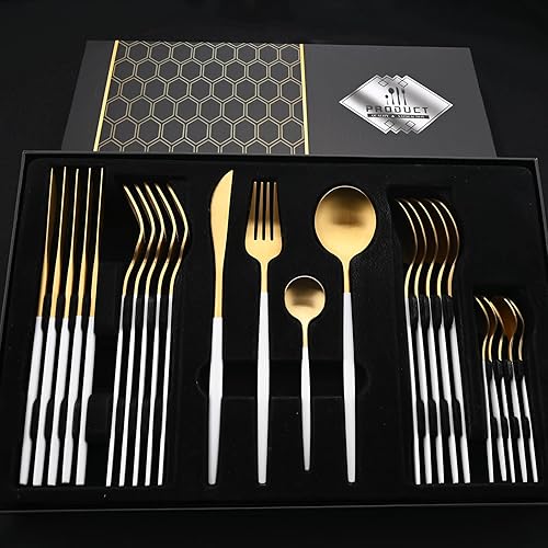 Miniatura 2 de JASHII Juego de cubiertos de 24 piezas, color blanco y dorado, juego de cucharas y tenedores para cuchillos, servicio para 6, con caja premium,