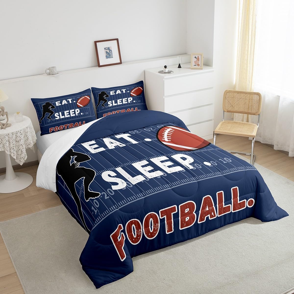 Feelyou Twin Size Sports Rugby Comforter Set for Boys Kids Teens American Football Bedding Set Sports Theme Room Blue Decor Vintage Rugby Ball Games All Seasons Quilt Duvet Set