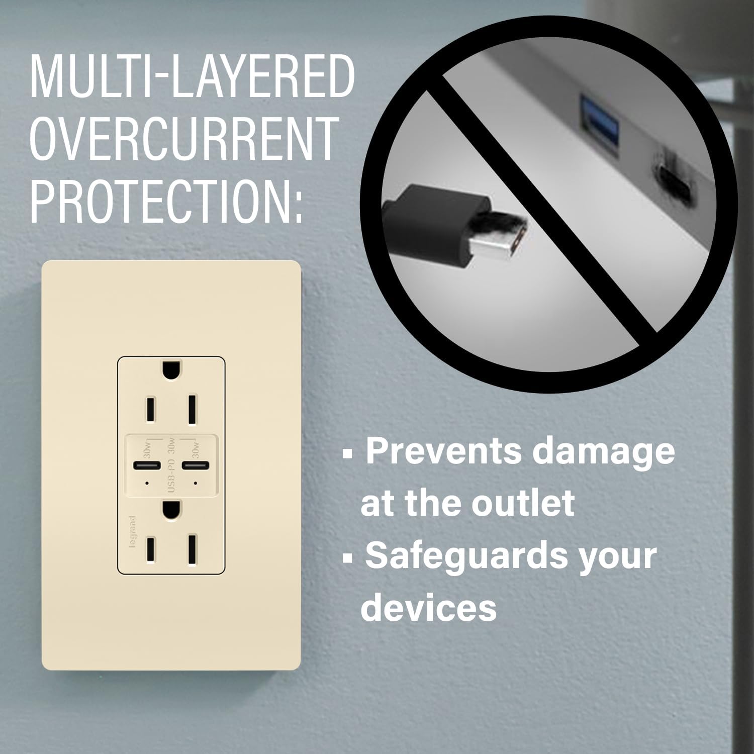 Legrand radiant R26USBPDLA 15 Amp Tamper-Resistant Decorator Duplex Receptacle Outlet with Ultra Fast USB C/C 6.0A Charging Ports PLUS 30W Power Delivery, Light Almond (1 Count)