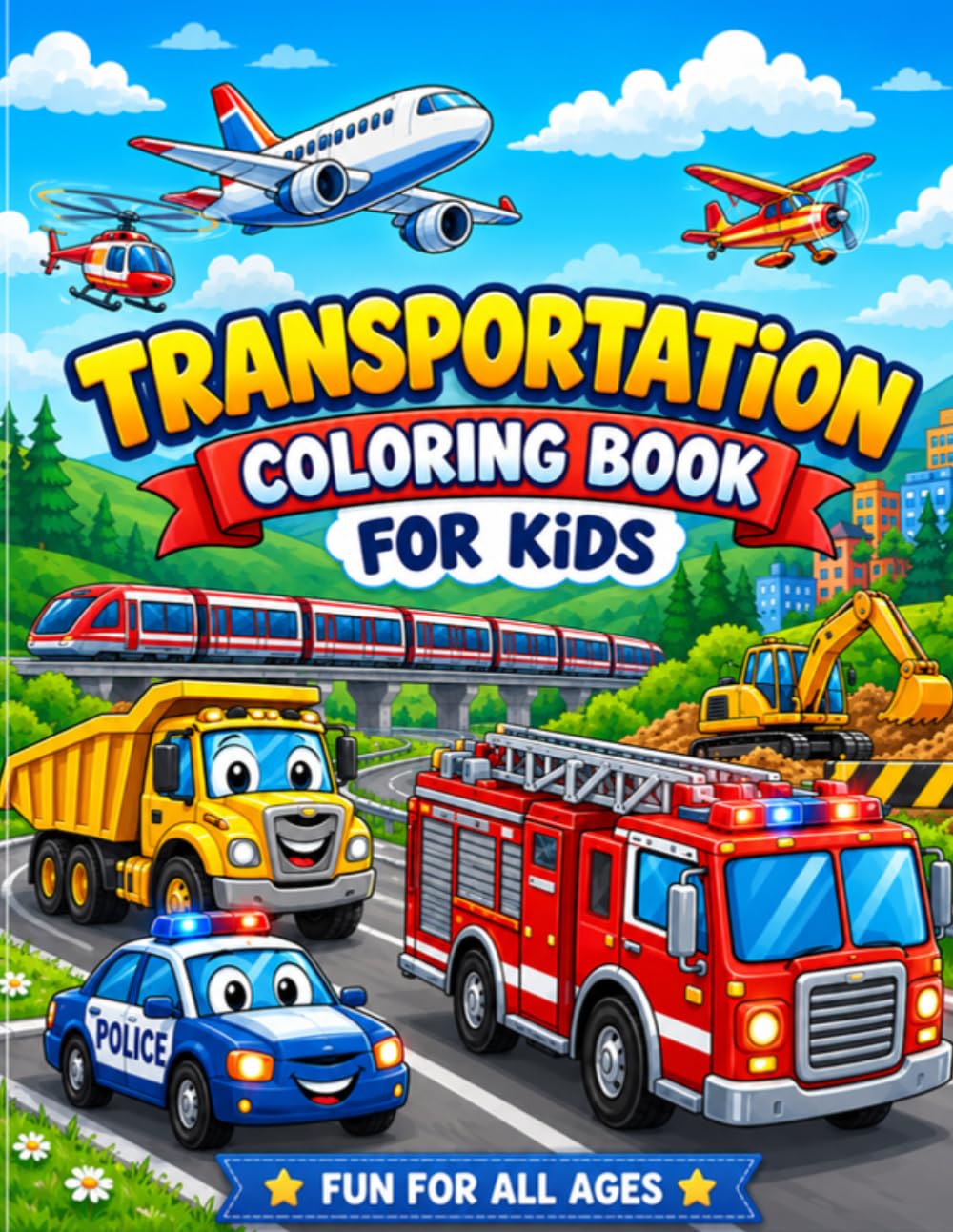 Transportation Coloring Book for Kids: Trains, Planes, Trucks and Construction Vehicles for Ages 4-8