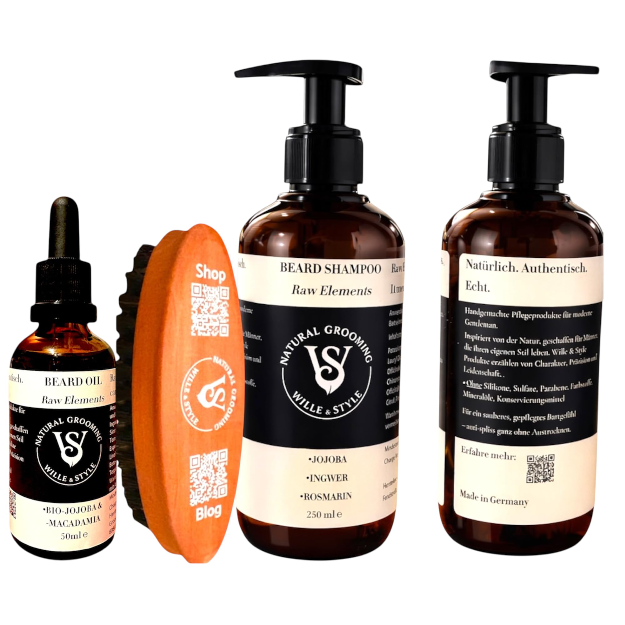 Bartpflege Set für Männer - Wille & Style Beard Bundle - Bartöl 50 ml & Bartshampoo 250 ml & Bartbürste mit Wildschweinborsten - Tägliche Pflege & Reinigung - Geschenkset