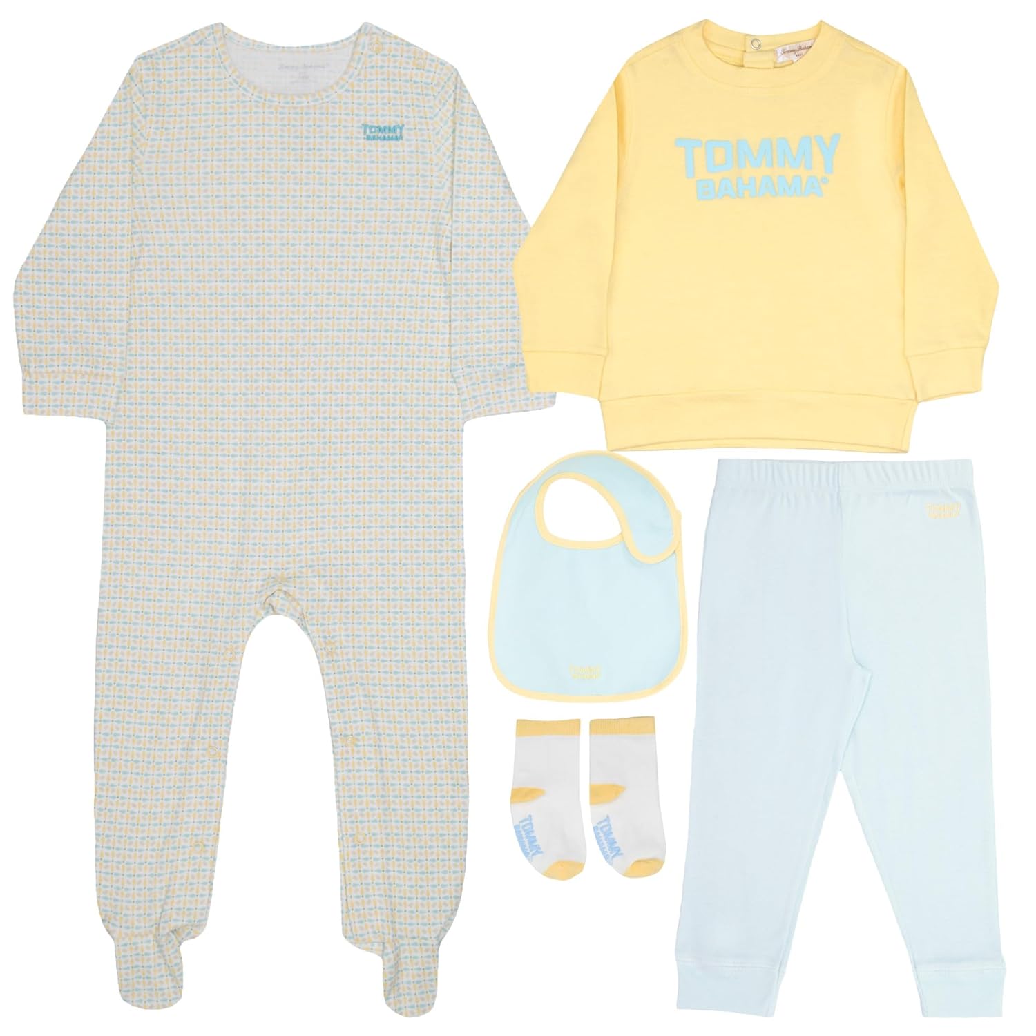 Tommy Bahama 5-Piece Baby Layette Set - Footsie Shirt Pants Bib and Socks Bundle for Infants and Babies