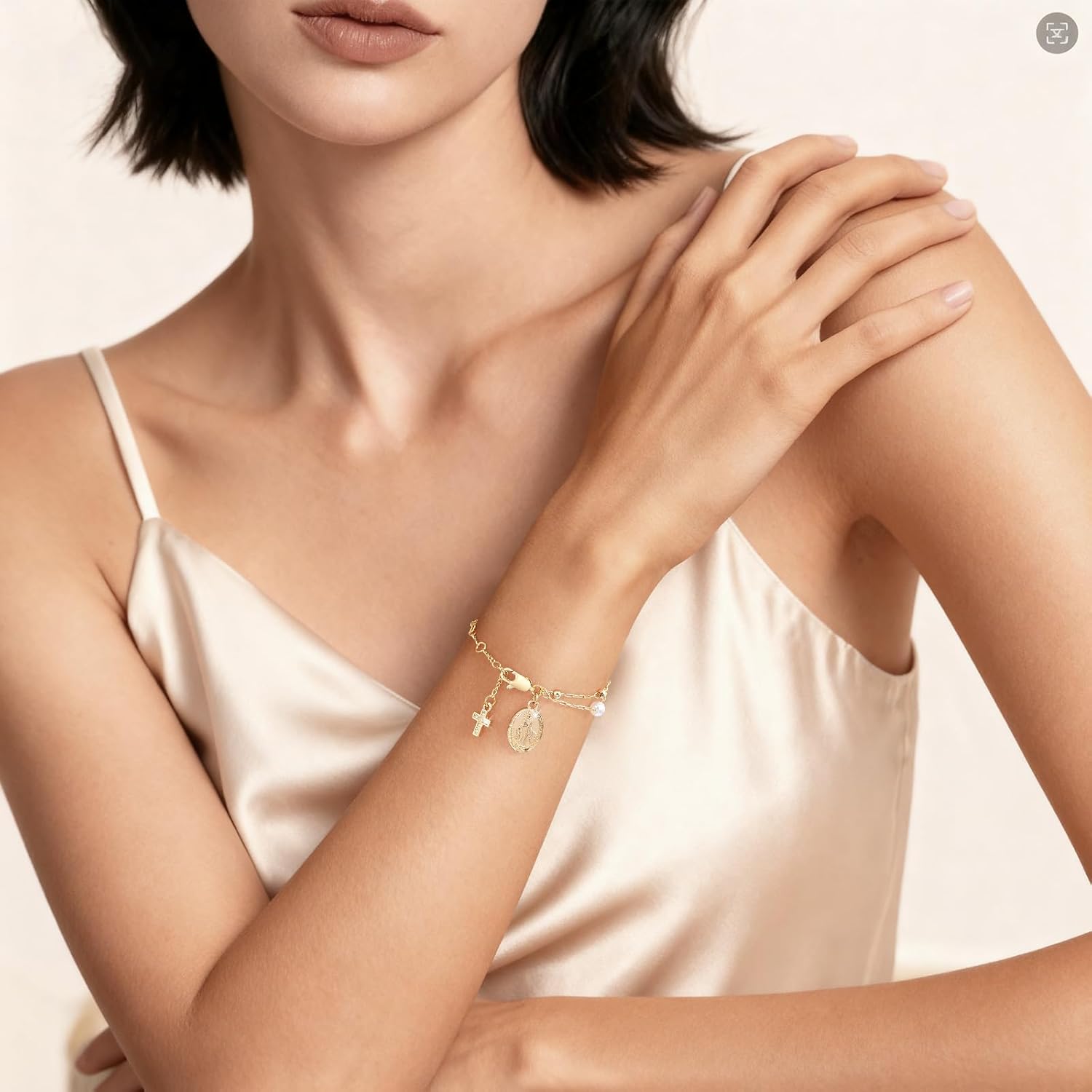 Virgin Mary Cross Bracelet for Women - 14K Gold Plated Double Layer Pearls Rosary Chain Bracelet, Dainty Cubic Zirconia Crucifix Link Bracelet, Religious Christian Faith Jewelry Gift for Her - Image 3