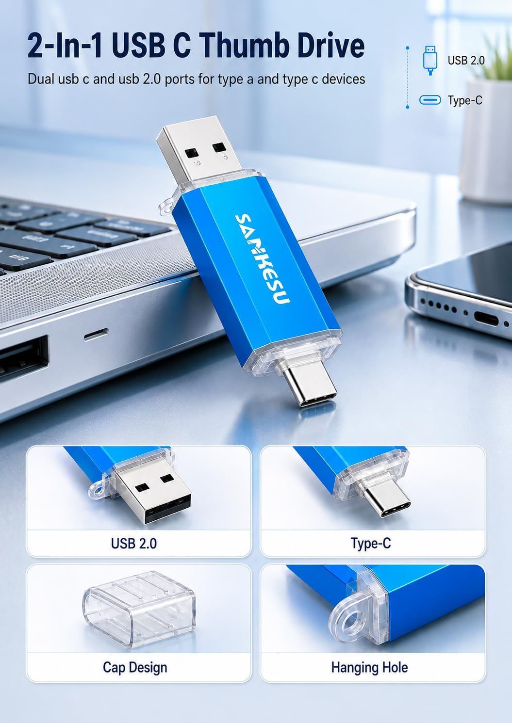 128GB USB C Flash Drive, Jump Drive USB-A & Type-C OTG Memory Stick, Dual Thumb Drive for PC/Laptop/Type C Cell Phone and Tablet (Blue) image 3