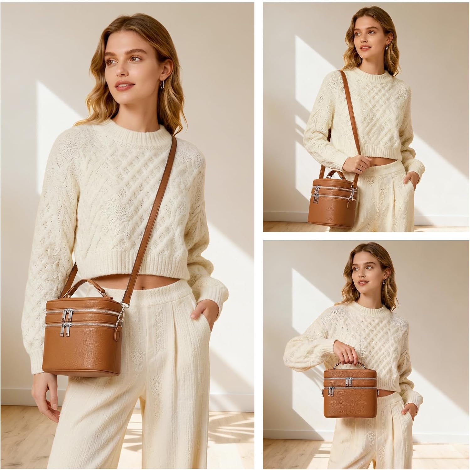 cysiyu Leather Makeup Bag Organizer Double Layer Vanity Bag Large Capacity with Compartments and Handle Travel Portable Storage Crossbody Cosmetic Jewelry Case for Women. Brown - Image 4