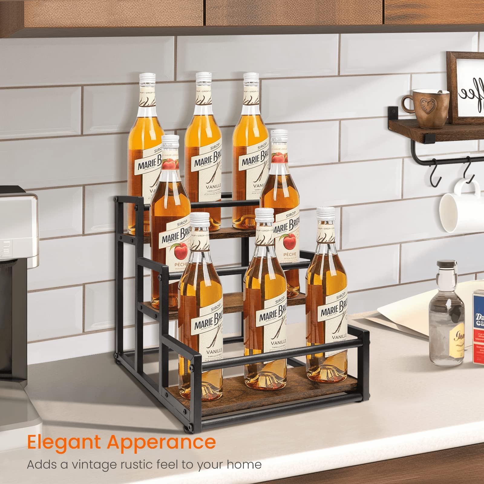 Homode Kaffeebar-Organizer 3-stöckig | Mit Schublade Für Kapseln, Platz Für 8 Sirupflaschen, Holz & Metall, Schwarz