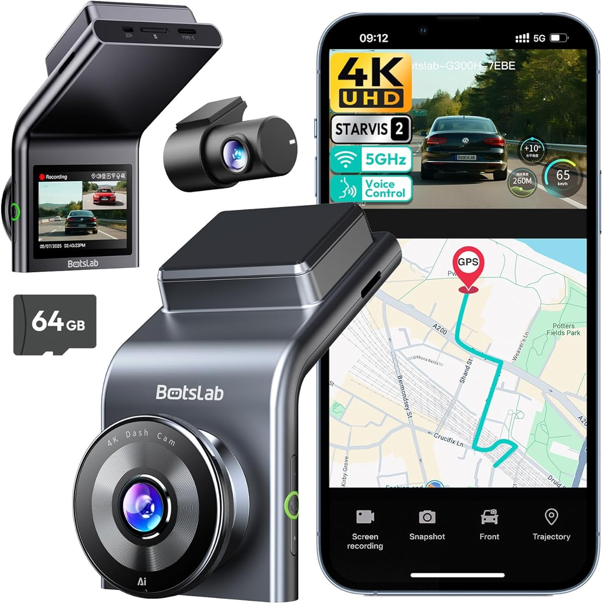 BOTSLAB 4K Dash Cam Front and Rear, STARVIS 2 Sensor, Voice Control, 64GB Card Included, 5GHz WiFi Dashcam Front and Rear Camera, Built in GPS, WDR Night Vision, 170°Wide Angle, 24H Parking Mode
