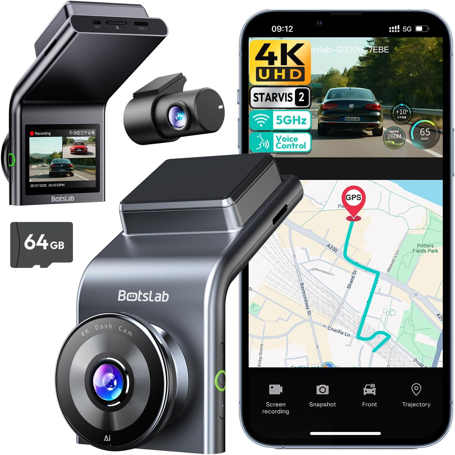 botslab 4k dash cam front and rear, starvis 2 sensor, voice control, 64gb card included, 5ghz wifi dashcam front and rear camera, built in gps, wdr night vision, 170°wide angle, 24h parking mode g300h plus-front and rear