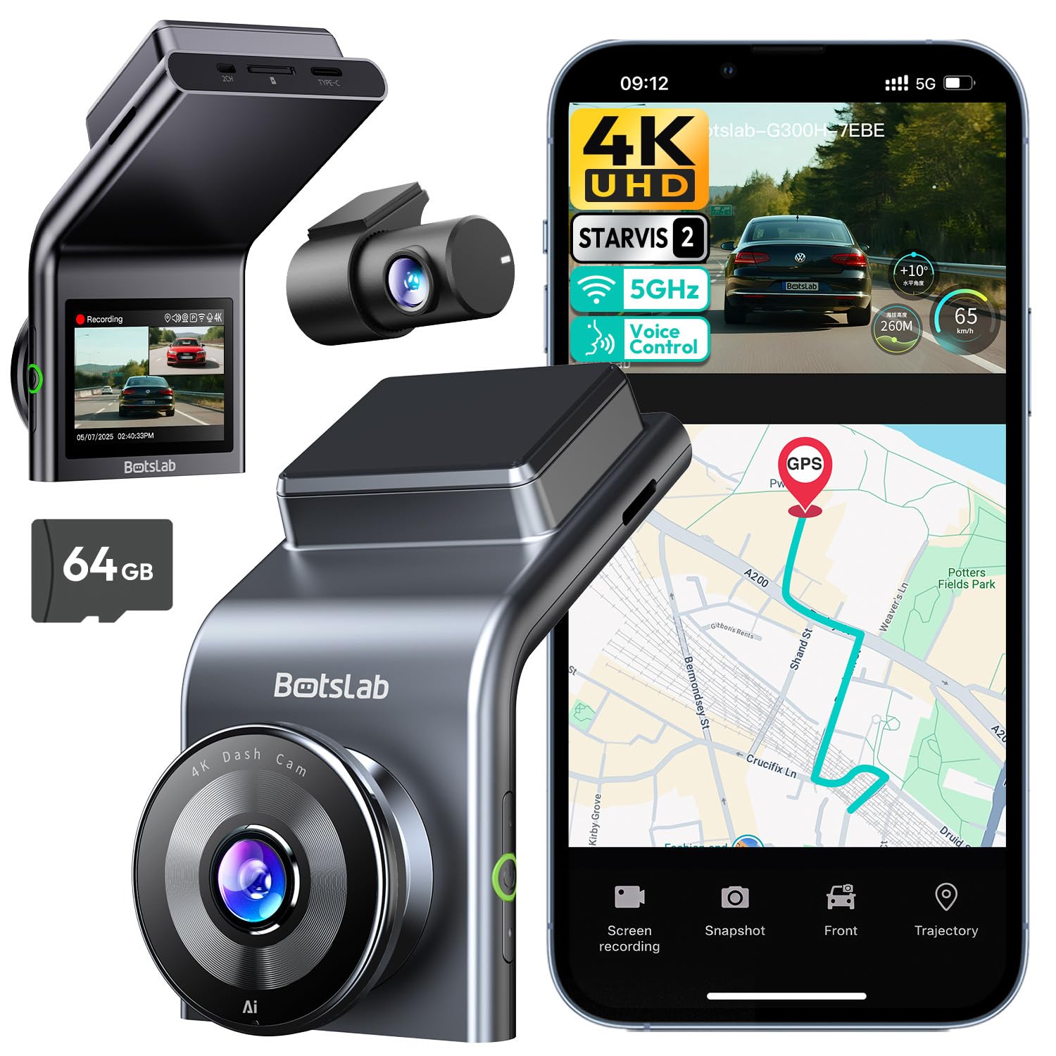 BOTSLAB 4K Dual Dash Cam Front and Rear, STARVIS 2 Sensor, Voice Command, 64GB Card Included, 5GHz WiFi Dash Camera for Cars, Built in GPS, WDR Night Vision, 24H Parking Mode