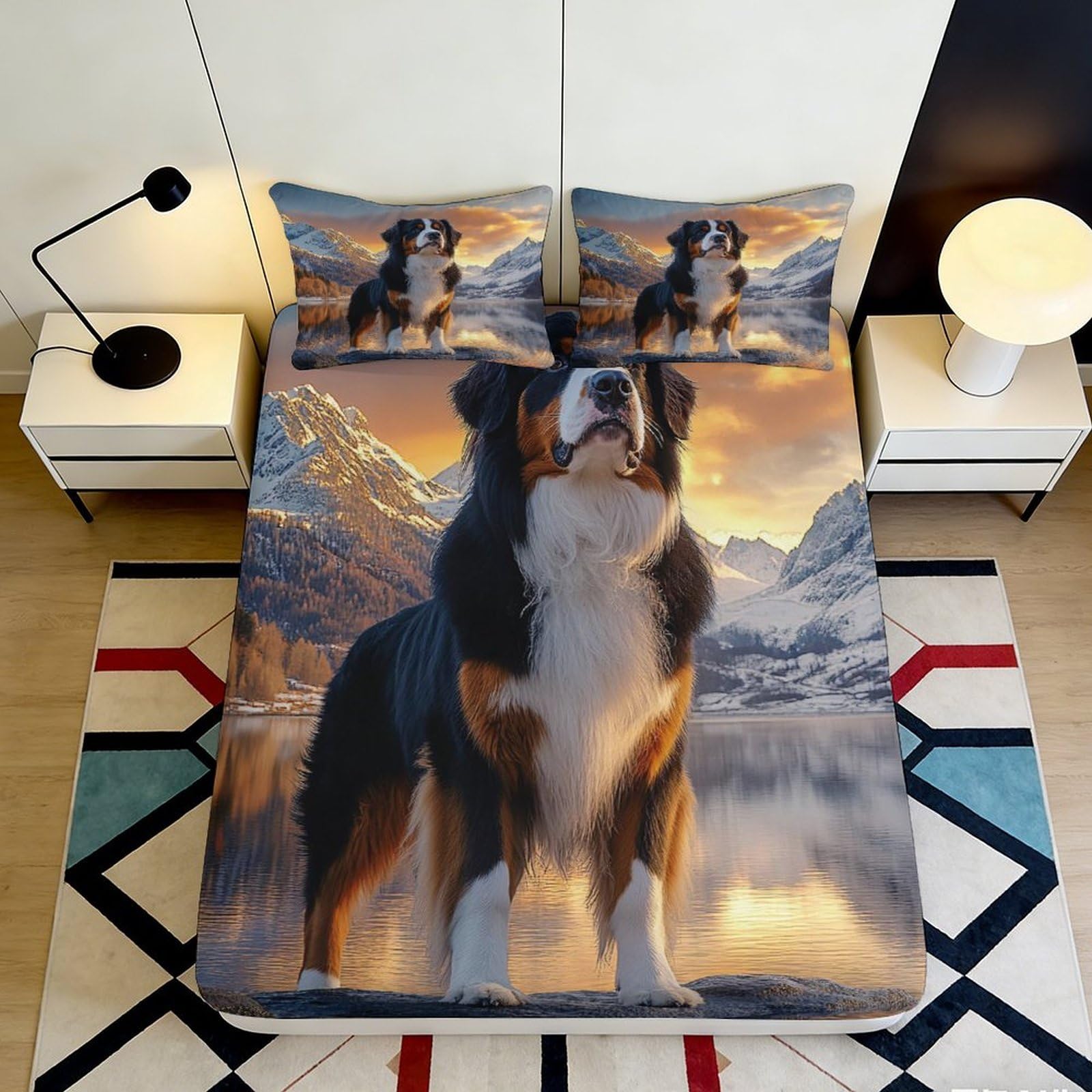 3D Printed Mountain Sunset Fitted Sheet Microfiber Dog Landscape Bed Cover for Bedroom Guest Room Decor 90x200x25cm