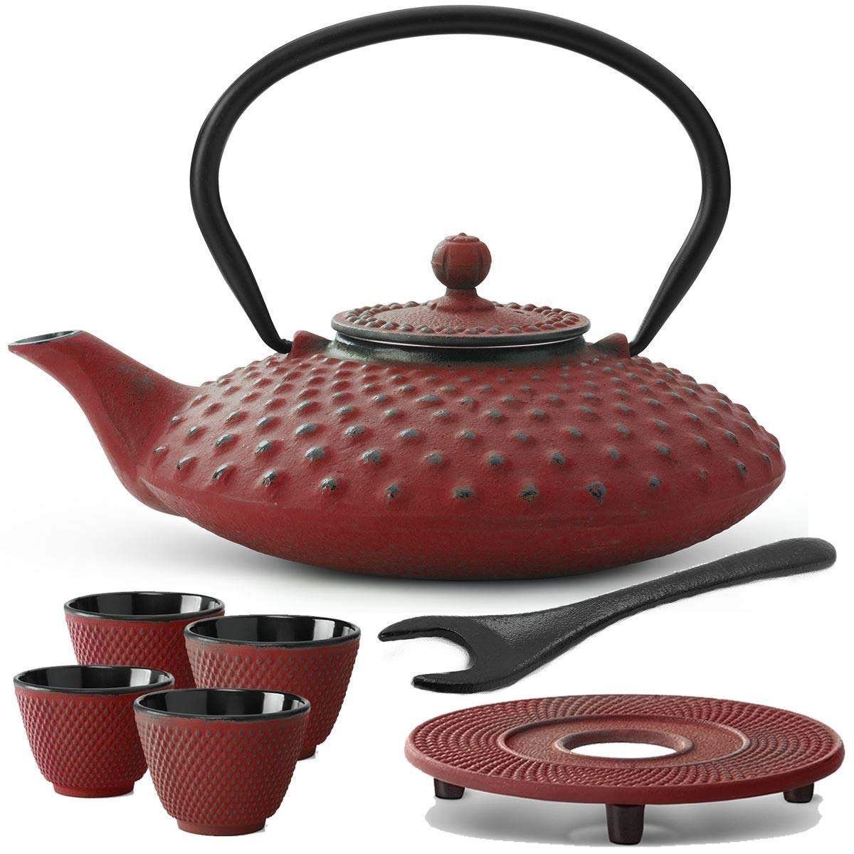 Bredemeijer Teekanne asiatisch Gusseisen Set 0.8 Liter - rote Gusskanne mit Henkel & Edelstahl Tee-Filter Sieb-Einsatz für losen Tee & 4 Teebecher (Tassen) & Untersetzer & Deckelheber