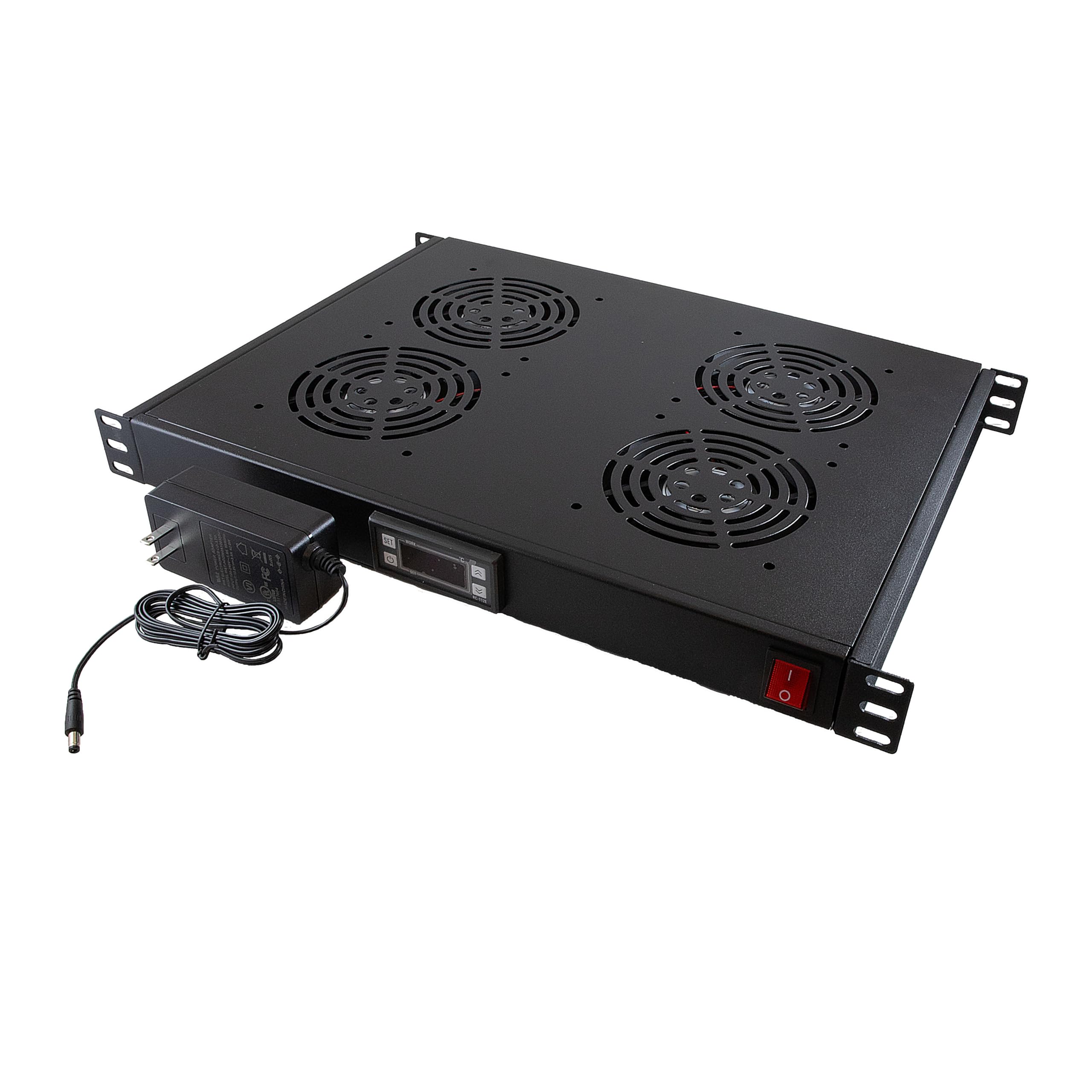 NavePoint 1U 12V DC Fan Unit with 4 Fans and Thermostat, Quiet 46.14 dB-A, 521.8 CFM, UL Power Cord with NEMA 5-15P Plug, Steel Rack Cooling Panel for 19" Server Cabinets