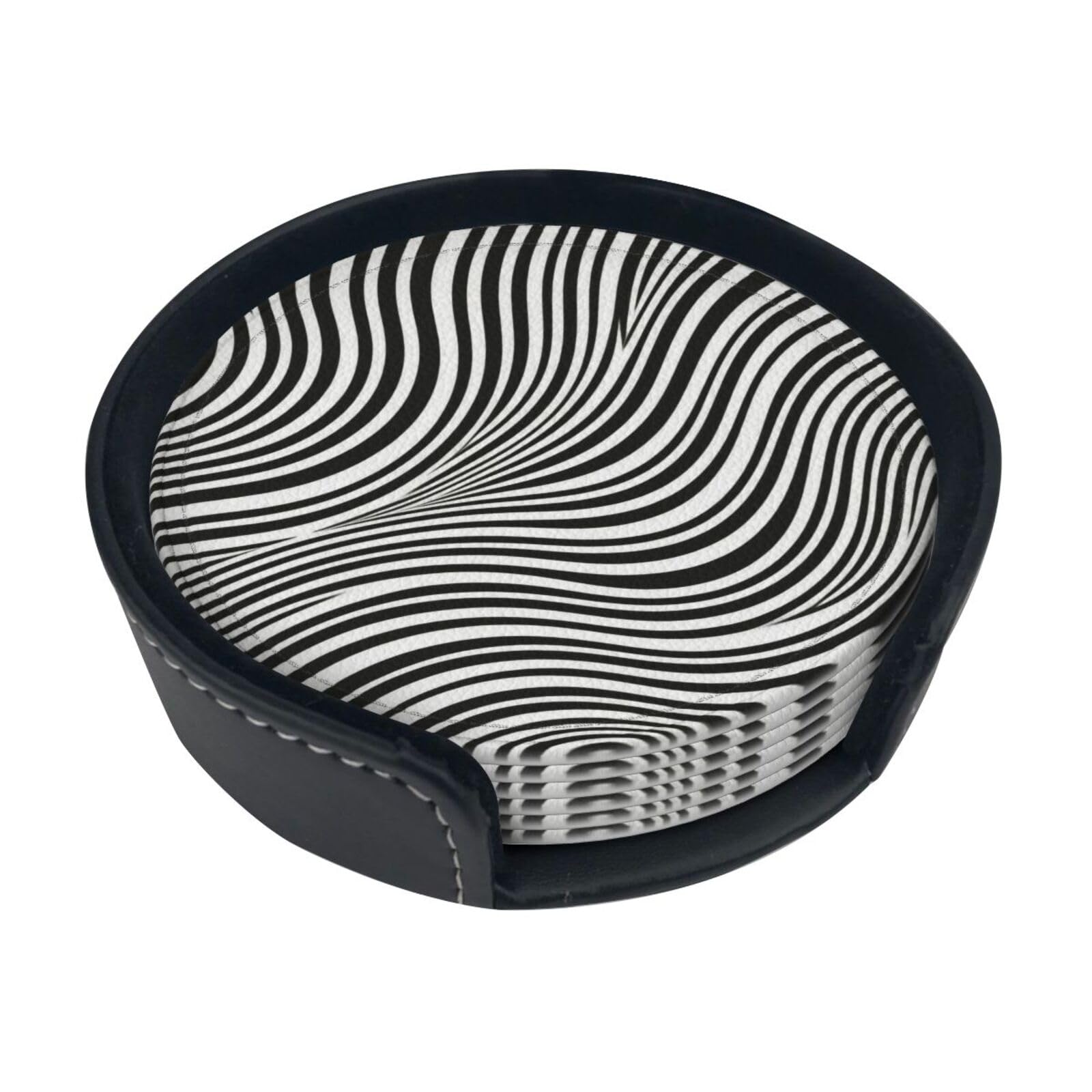 Cntdbu White Wave Stripe Leather Coasters Set Of 6-Pu Leather Drink Mats For Table, Heat Resistant Round Coasters With Holder
