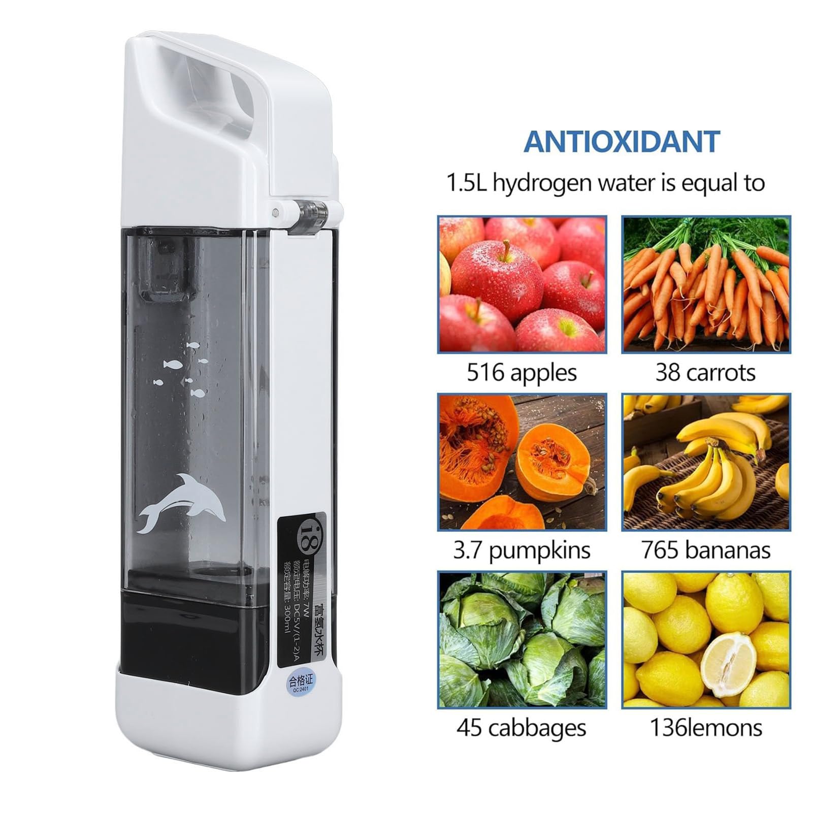 Botella de Agua de Hidrógeno, Máquina Ionizadora de Agua de Hidrógeno Portátil de 300 Ml, Electrólisis Rápida de 3 Minutos para el Hogar, la Oficina, los Viajes, el Consumo Diario