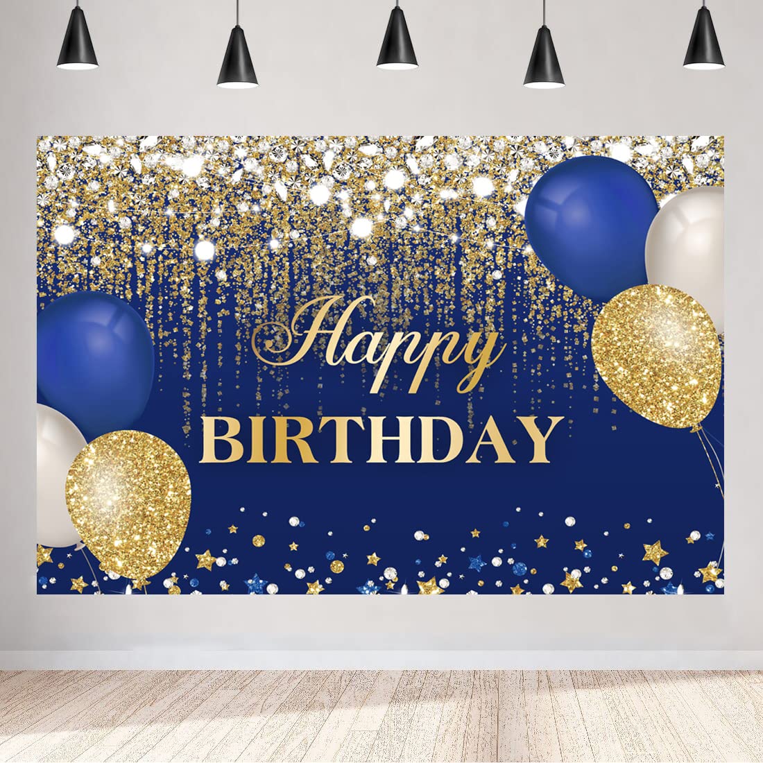 Aperturee Blue and Gold Happy Birthday Backdrop 5x3ft Glitter Golden Dots Diamonds Balloons Women Girls Sweet 16 Bday Photography Background Party
