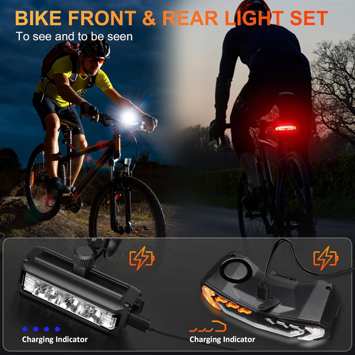 WSDCAM Bike Light Set components including front light, tail light, remote, and charging cable.