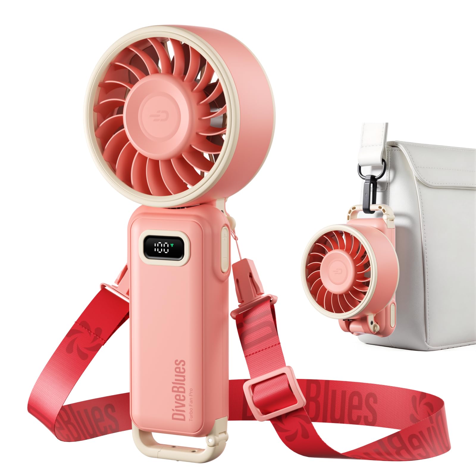 Diveblues Turbo Portable Handheld Fan, 100 Speed Stepless High Speed Hand Held Fan, 12H Cooling Rechargeable Mini Fan, 180° Foldable Neck & Desk Fan, LED Display, Travel Essentials, Gifts