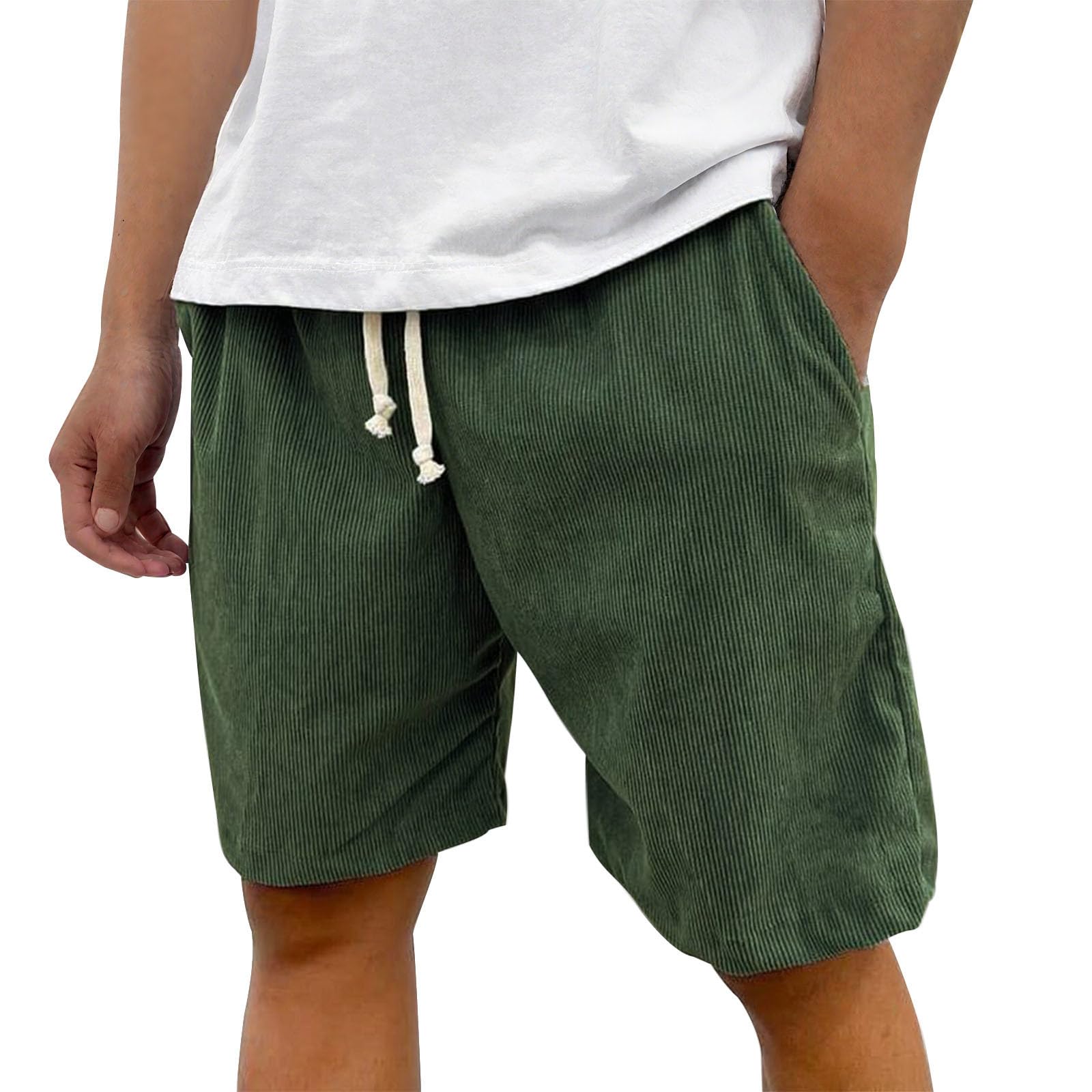 Men's Vintage Corduroy Shorts Fashion Elastic Drawstring Waist Short Pants Plus Size Solid Color Shorts with Pockets