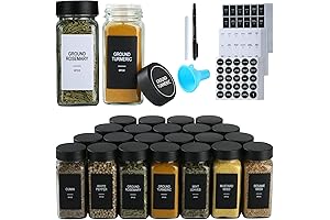 24 Piece Glass Spice Jars with Black Lids and Labels